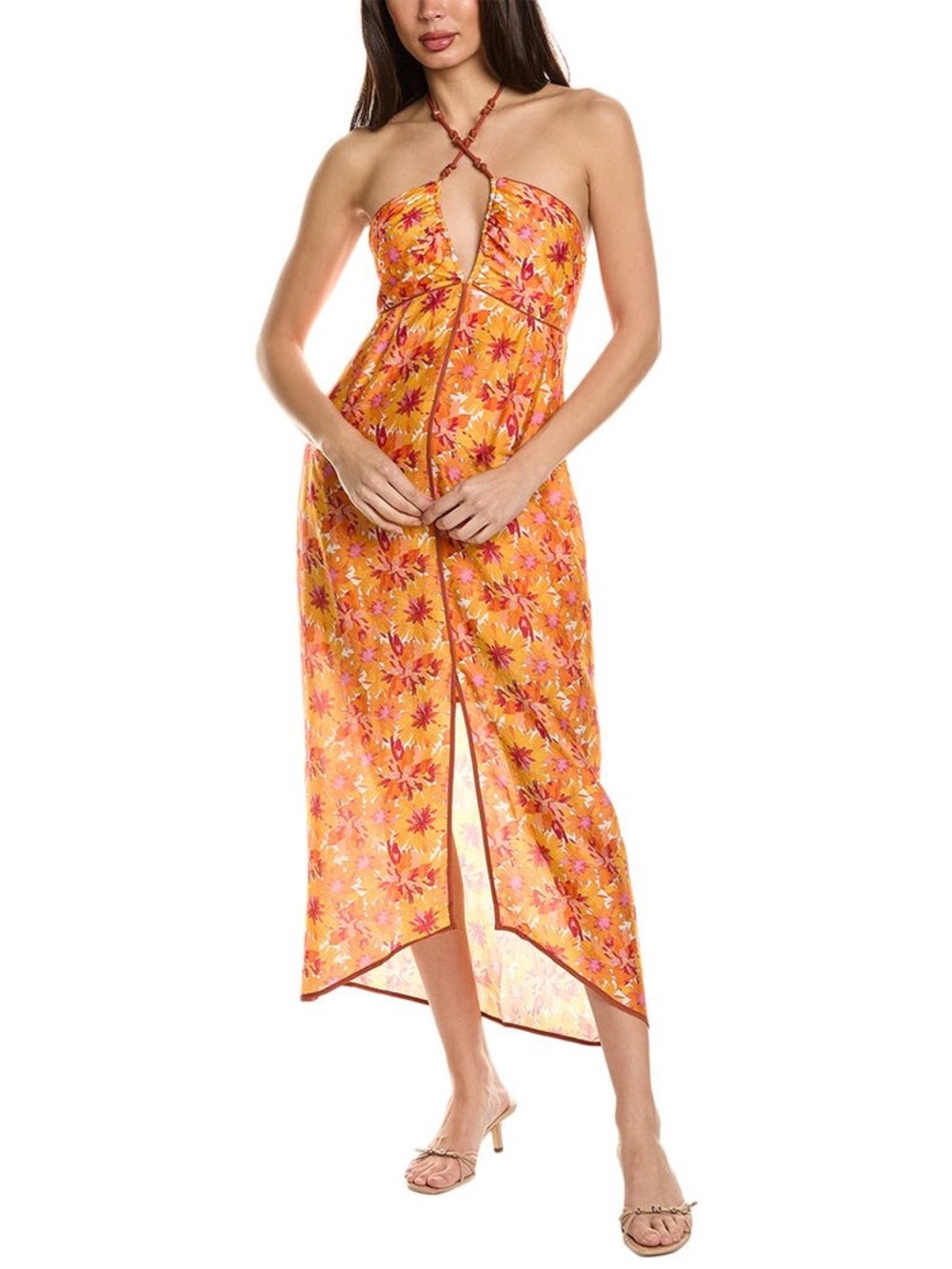Strapless Orange Floral Midi Dress -NWT--Size 8